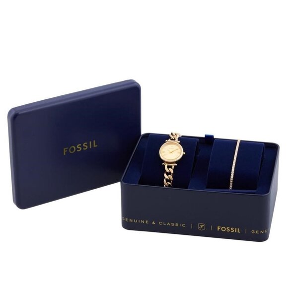 NWT Authentic Fossil Carlie Quartz Gold Dial Women's Watch and Bracelet Set - Picture 4 of 4